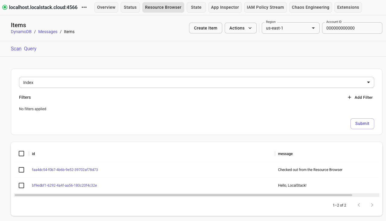DynamoDB Resource Browser showing the Items list